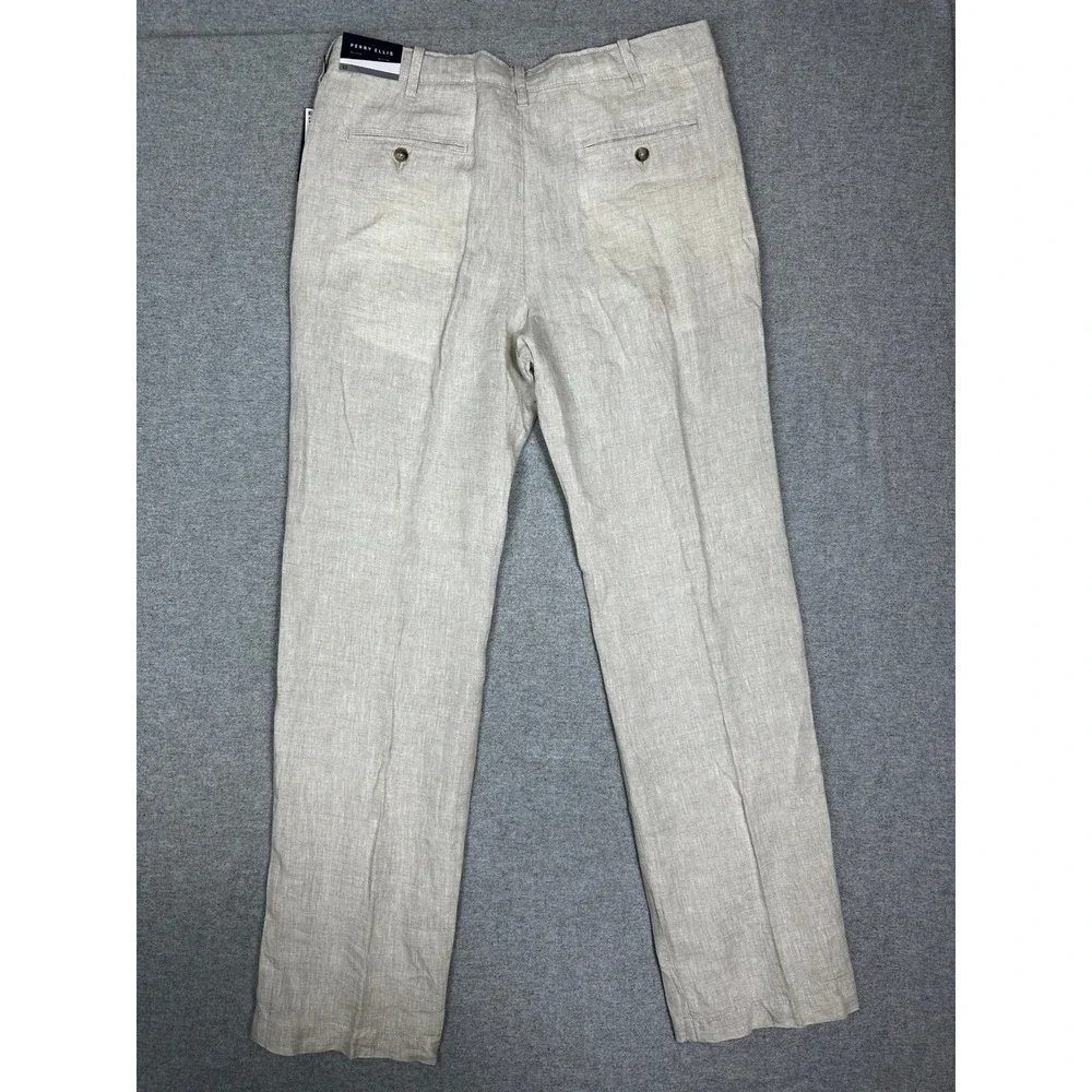 NWT Perry Ellis Linen Pants Mens 32x31 Beige Drawstring Straight Trousers